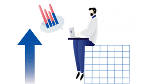Illustration of a man working on a laptop surrounded by a graph, cloud, and upward arrow