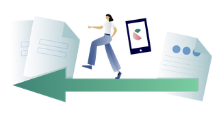 Illustration of a person walking toward paper work overtop of an arrow