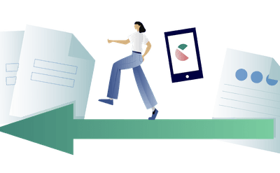Illustration of a person walking toward paper work overtop of an arrow