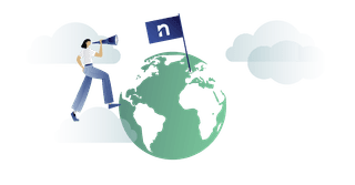 Cartoon of person walking on earth beside a flag of the Novisto logo