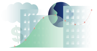 Artistic illustration of buildings, a graph, money symbol and a globe