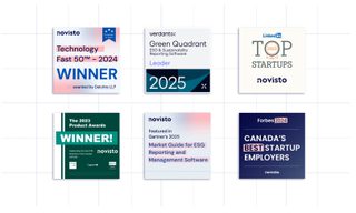 Banner of awards won by Novisto, including Technology Fast 50 winner, Verdantix Green Quadrant Leader, LinkedIn Top Startups, Product Awards winner, Featured in Gartner's Market Guide for ESG Software, and Forbes Canada's Best Startup Employers.