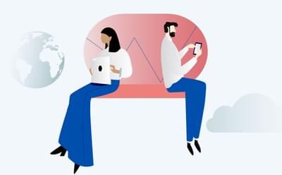 Photo of a man and woman, sitting back to back. The woman has a screen in front of her while the man is looking at his phone. A globe and cloud loom in the background.