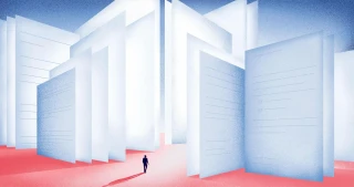 An illustration of someone walking into a maze made up of large sheets of paper representing the metrics
