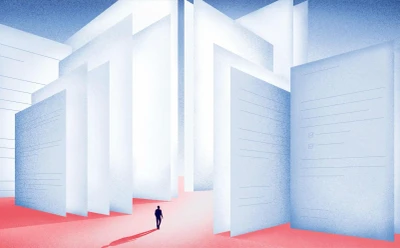 An illustration of someone walking into a maze made up of large sheets of paper representing the metrics