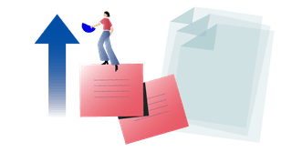 Illustration of sticky notes, an upward arrow, and a person walking