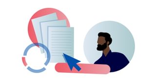 Icon of a graph, paper, computer mouse, and person