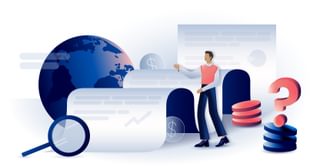 Illustration of a person pointing at a globe and other icons like a money symbol and magnifying glass