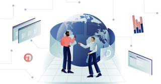 Illustration of two people talking surrounded by graphs, paper, and a globe