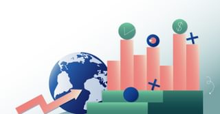 Illustration of arrows, a globe and bar graphs