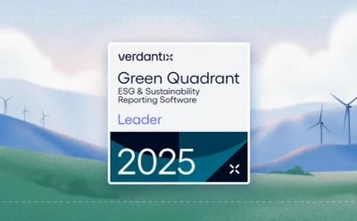 An illustration with a badge showing that Novisto was named a leader in the Verdantix Green Quadrant: ESG and Sustainability Reporting Software for 2025