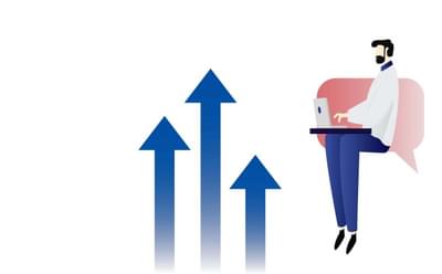Upward arrows and a person using a laptop