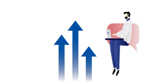 Three upward arrows and a person using a laptop