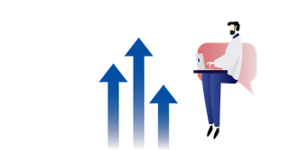 Illustration of someone working on a laptop beside upward pointing arrows