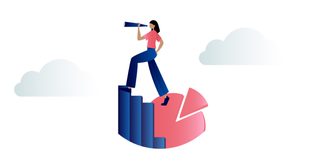 Graphic of a woman standing on top of graphs