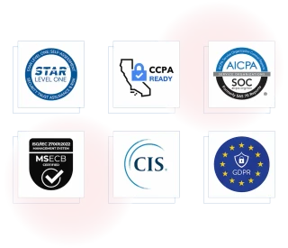 Security badges for Star Level One - CCPA Ready - AICPA SOC-20 CIS - GDPR - MSECB certified